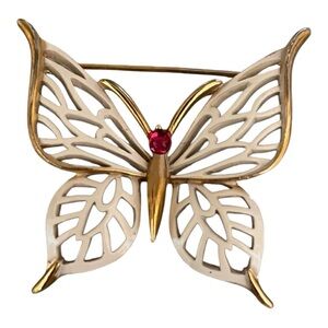 Crown Trifari Vintage White Butterfly Enamel Open Weave Wings Gold Red Cabochon